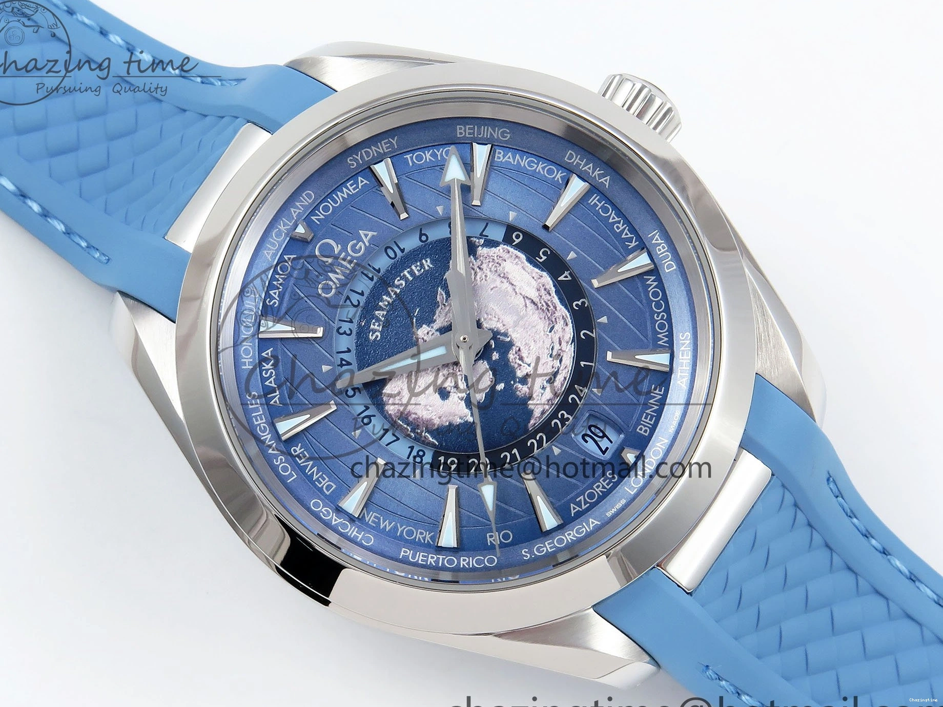 0201 GoAnywhere Aqua Terra GMT Worldtimer 43mm VSF 1:1 Best Edition Summer Blue Dial on Blue Rubber Strap A8938 Super Clone 7722